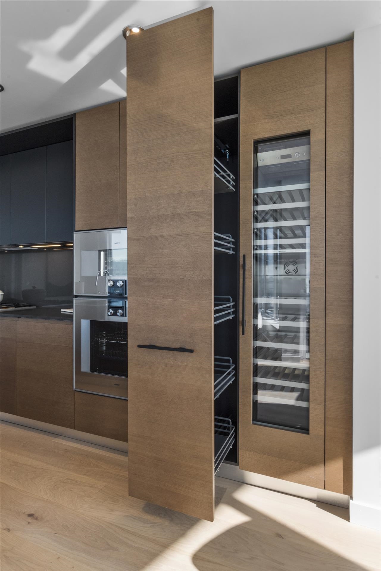 pull out pantry, an overheight wine fridge