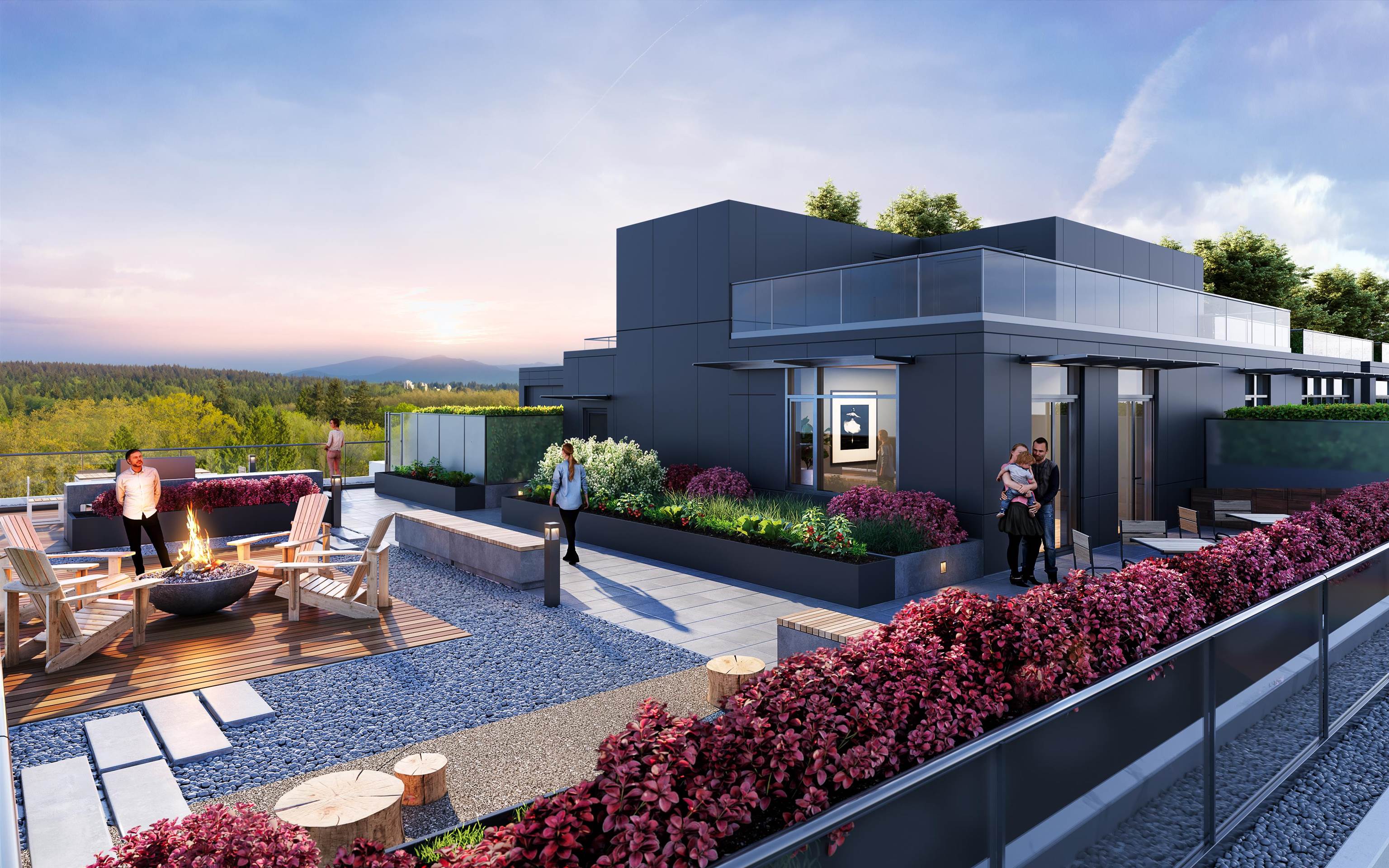Rendering is illustration of rooftop lounge with fire bowl and illuminated terrace.