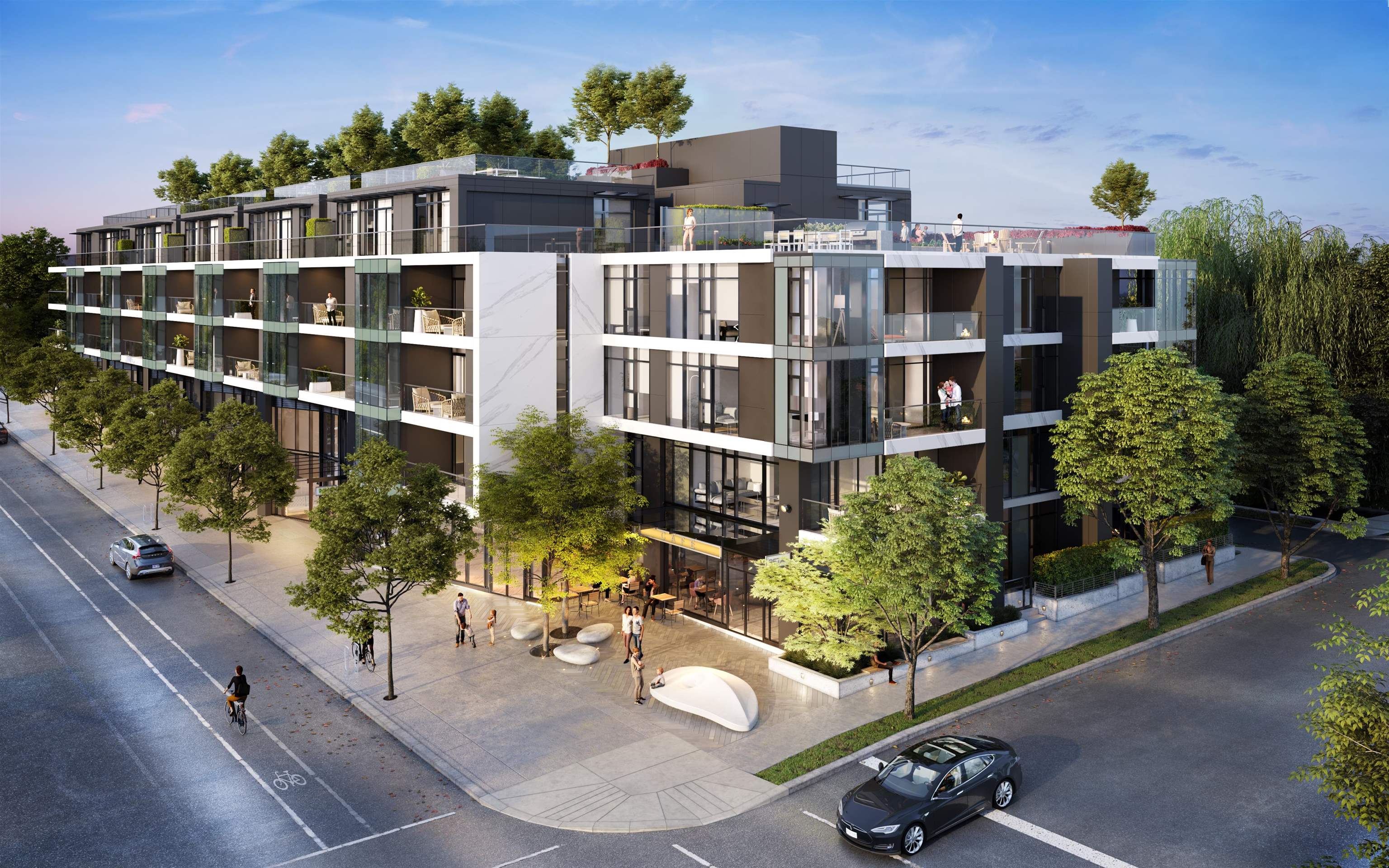 Rendering of Legacy at southwest corner with Prado cafe/bakery on street level.