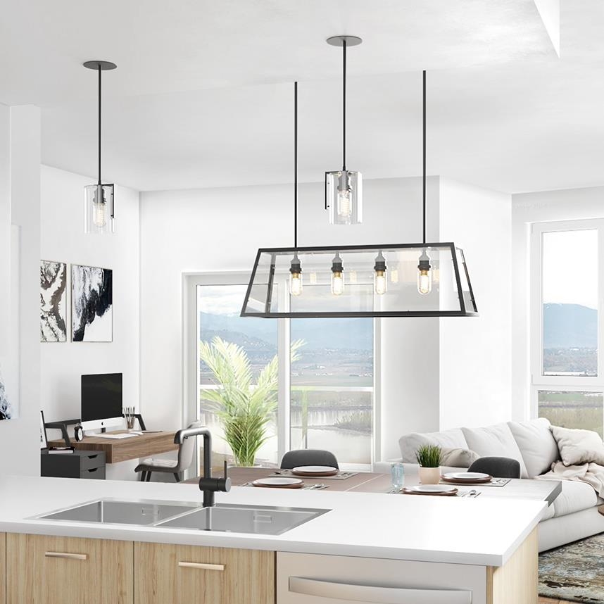 Wood-look lower cabinetry with matte white uppers   Matte grey lower cabinetry with wood-look uppers   Modern pendant lighting in urban black with Edison bulbs.  Contemporary black Brizo faucet with retractable hose  Sleek cabinet pulls on lower.