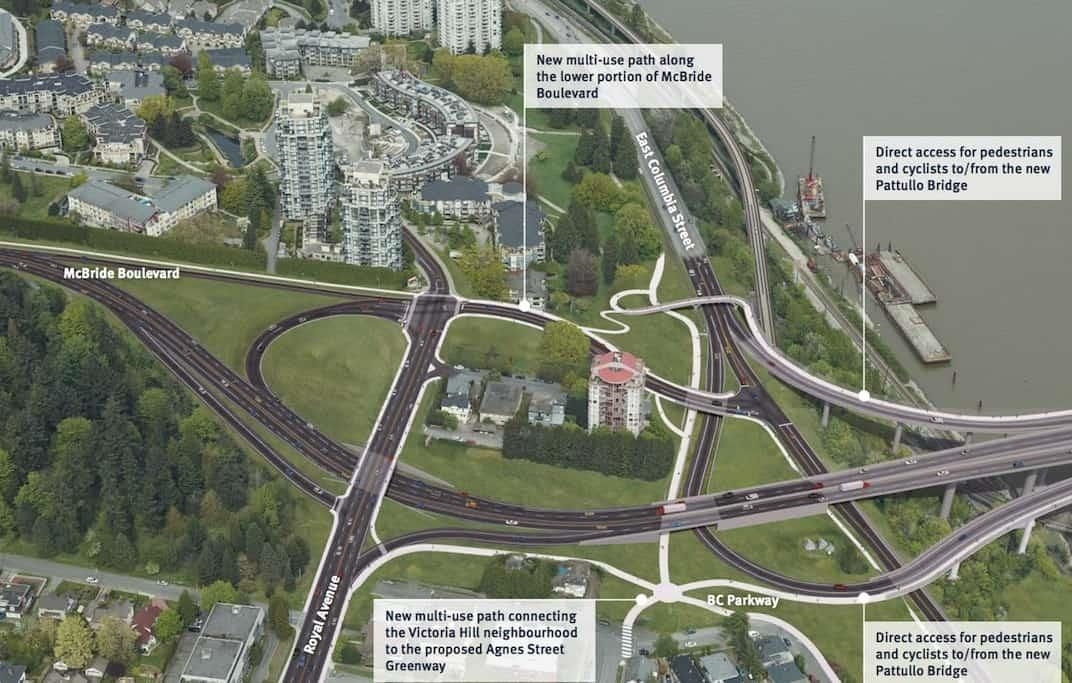 Here is the map showcasing the future Pattullo Bridge, currently under construction. The bridge will be gracefully enveloped by picturesque parks, greatly enhancing the surrounding landscape