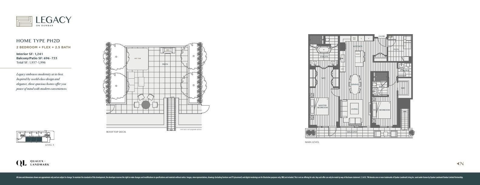 PH2D Plan - 2 Bedroom + Flex + 2.5 Baths + 700 sqft of outdoor space inc. roof top deck with fire bowl.