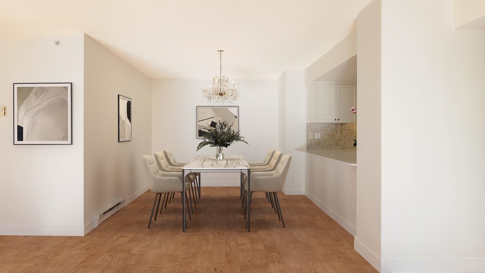 Here is a virtually staged photo to help you envision this space with a dining table.
