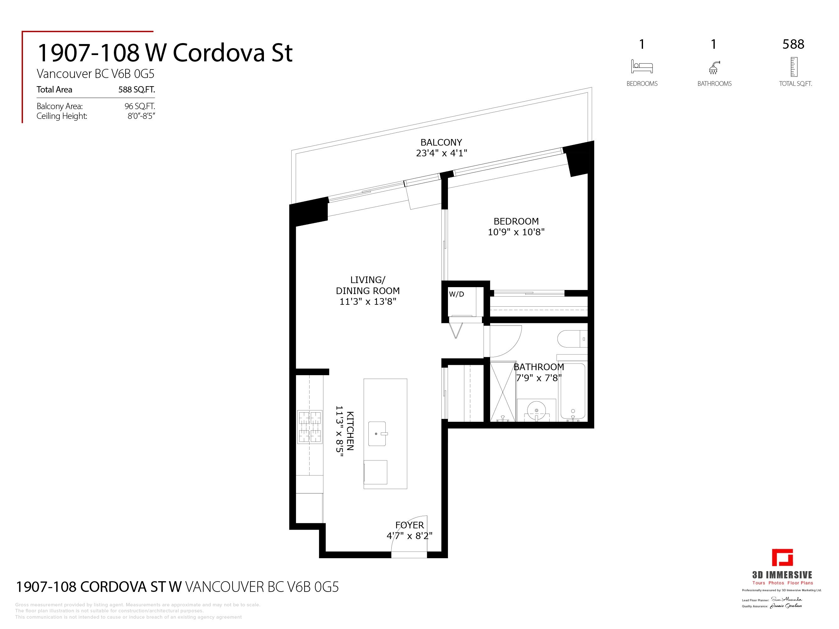 1907-108 WCORDOVA STREET, Vancouver, British Columbia Apartment/Condo, 1 Bedroom, 1 Bathroom, Residential Attached,For Sale, MLS-R2845152, Richmond Condo for Sale