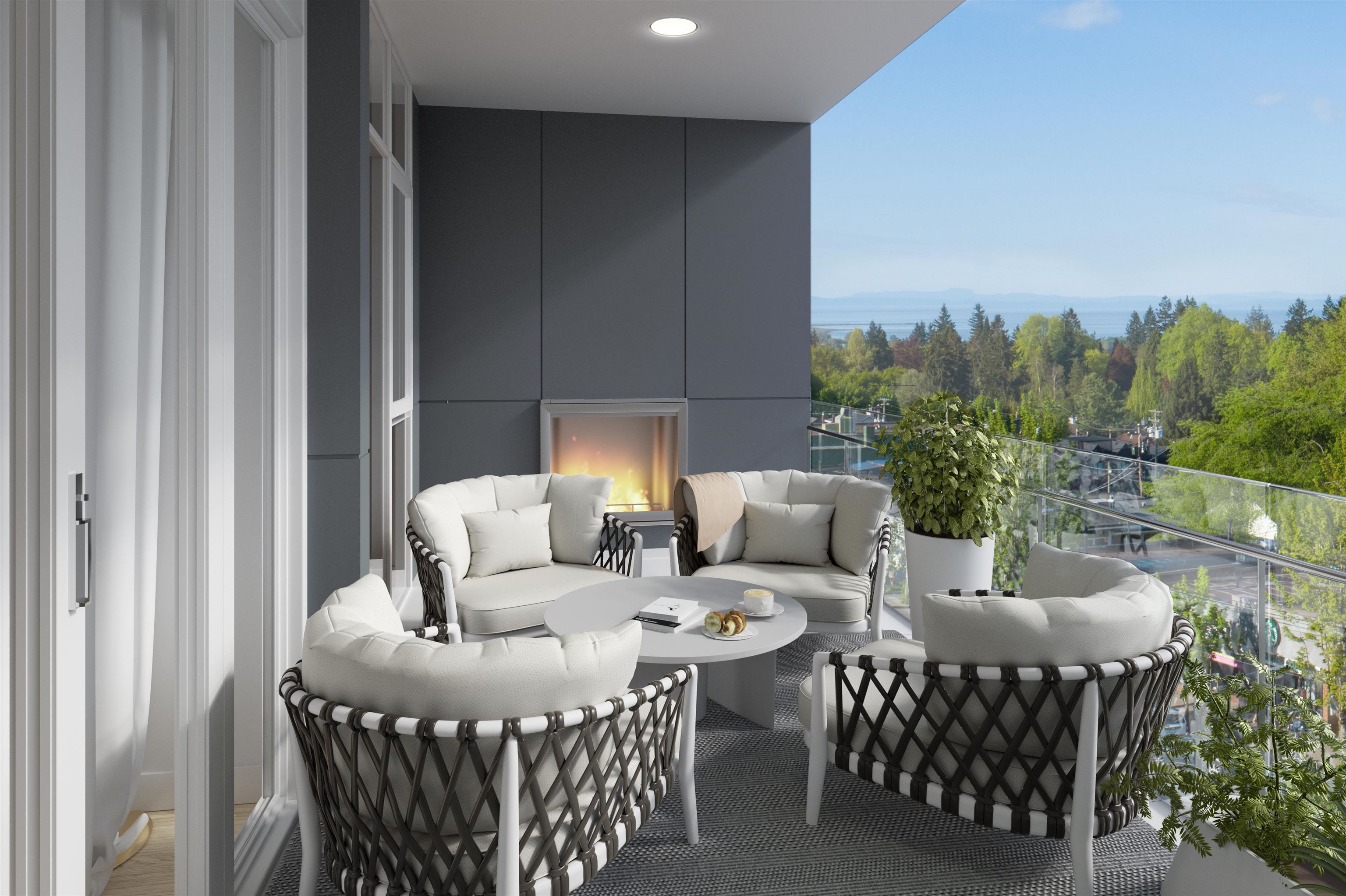 Rendering of outdoor space with heated gas fireplace.
